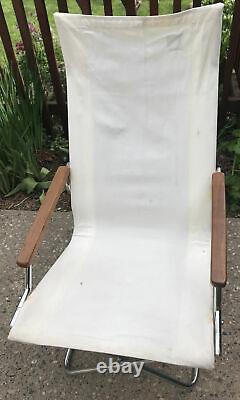 Vintage Shigeru Uchida Z Chair Folding Canvas Chair Chrome White Japan Teak Arms