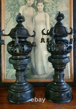 Vintage pair Japanese Bronze Buddhist Lamps / Lanterns