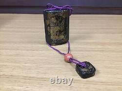 Y0515 INROU Pill Box Gold Lacquer wisteria Japanese antique Japan vintage