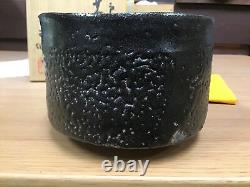 Y0824 CHAWAN Seto-ware black signed box Japanese pottery antique bowl Japan