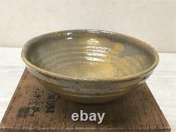 Y2739 CHAWAN Seto-ware Yellow signed box Japan tea ceremony antique flat bowl