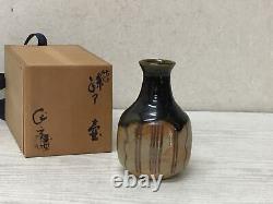 Y2877 VASE Oribe-ware signed box Japanese antique tsubo Japan home decor